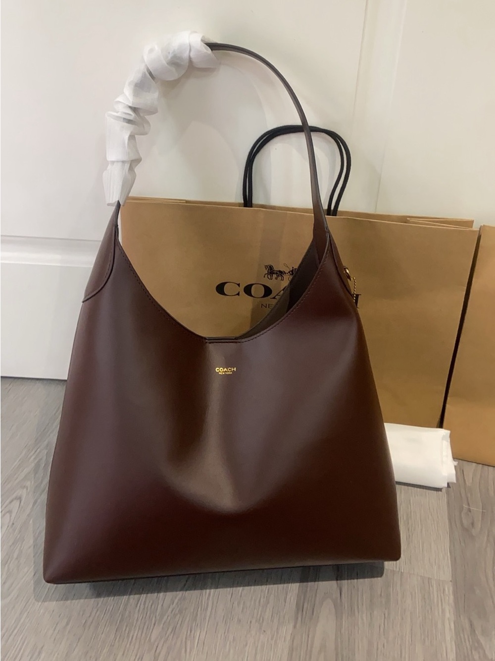 Coach Brown Leather Shoulder Tote with Gold Logo